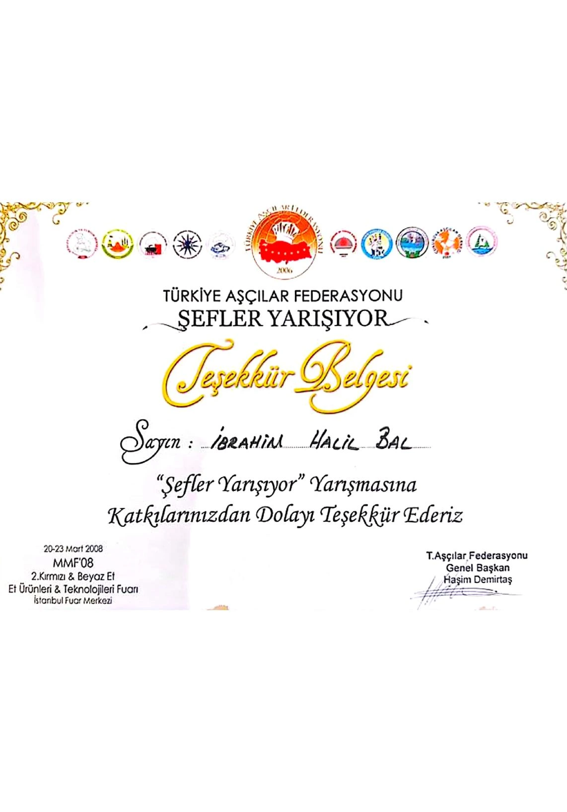 Türkiye Aşçılar Federasyonu Şefler Yarışıyor Belgesi