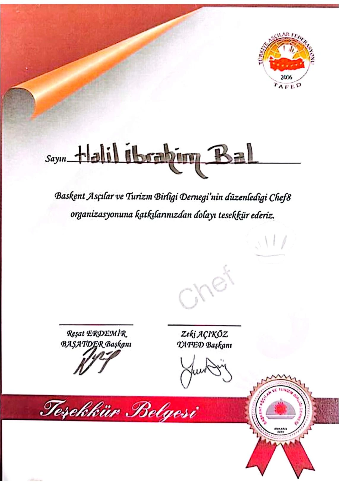Türkiye Aşçılar Federasyonu Teşekkür Belgesi