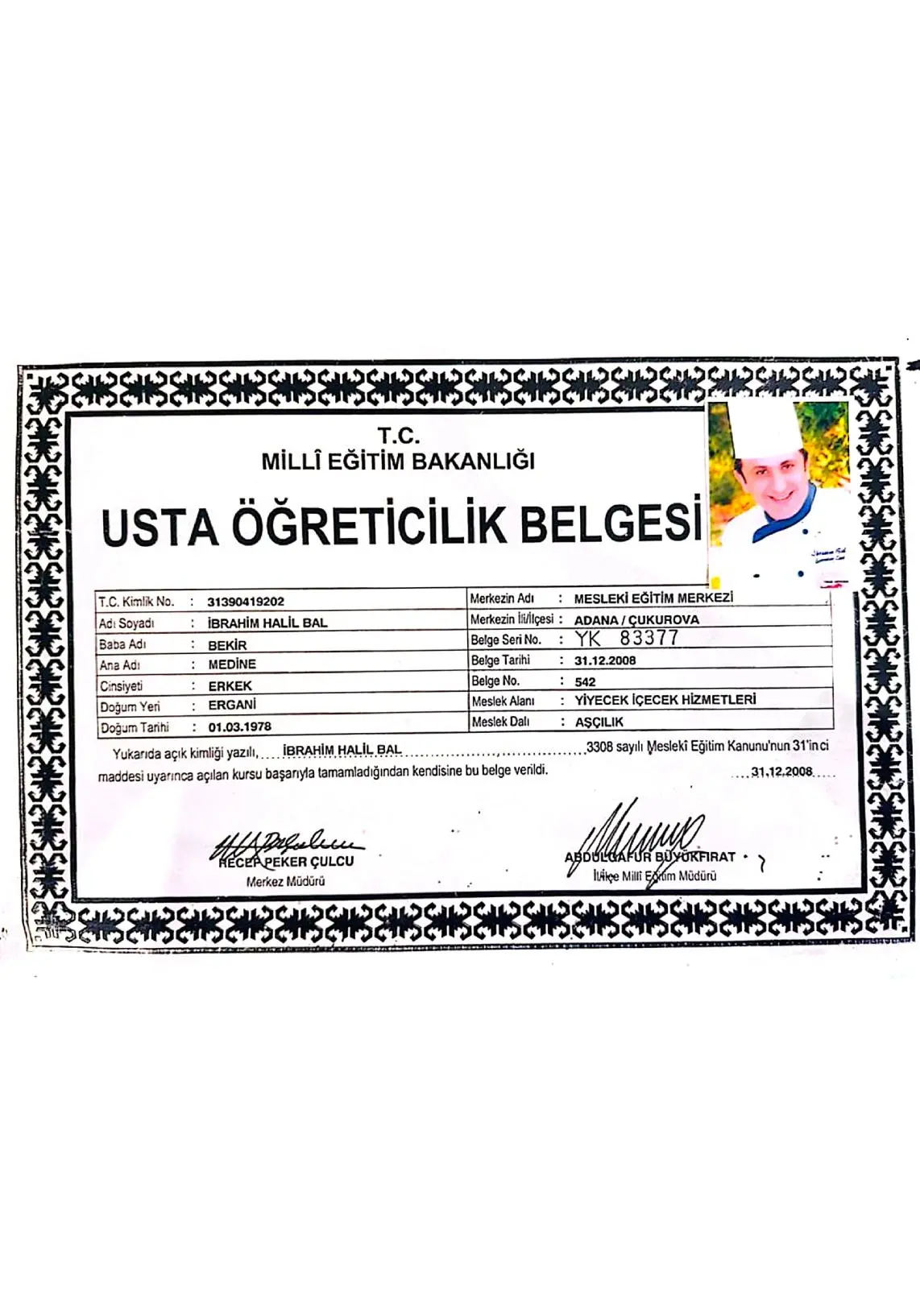 Milli Eğitim Bakanlığı Usta Öğreticilik Belgesi